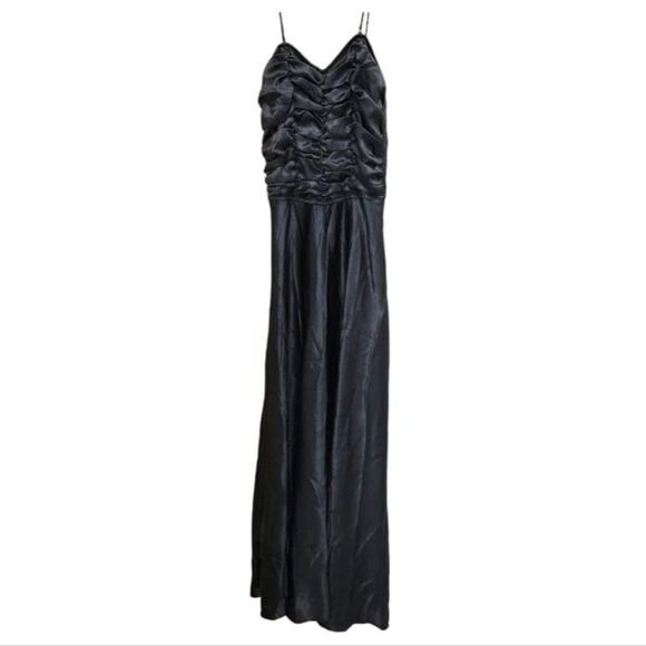 90s Victoria’s Secret Black Satin Ruched Vintage Maxi Gown Slip Dress M  Prom - Picture 1 of 12
